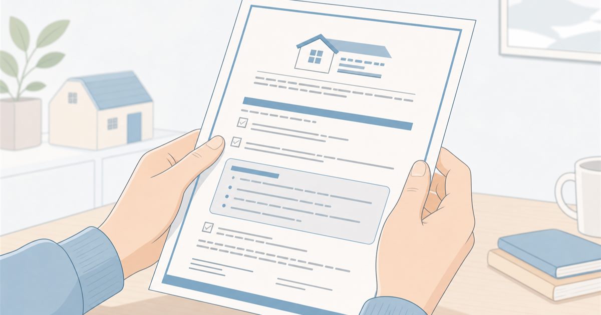 住宅の保証書を手に取り、記載された条件を読んでいる人の手元