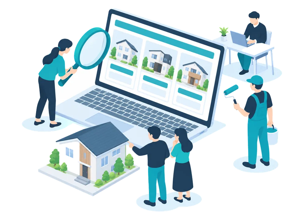 比較サイトの画面を見る施主と塗装職人のイラスト