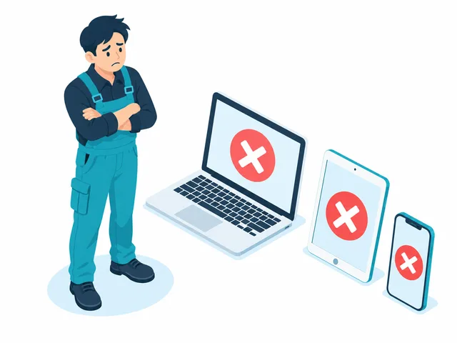 問い合わせが来ない画面を前に困る社長のイラスト