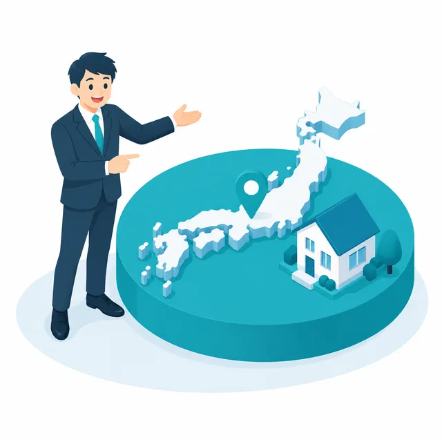日本地図のピンと家の模型のイラスト