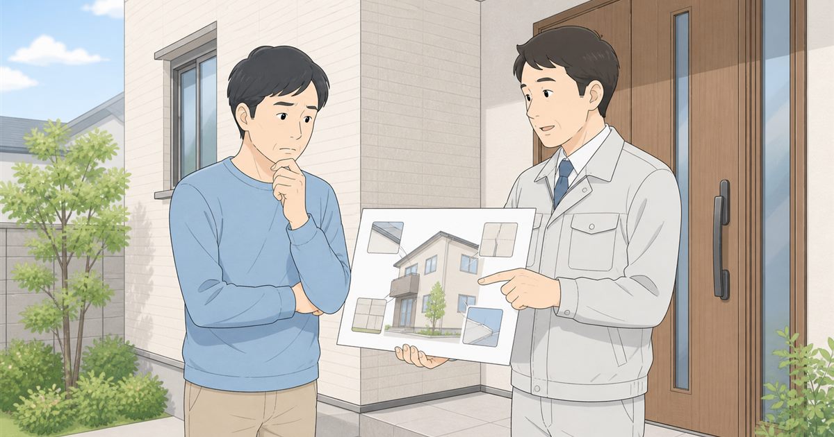 玄関先で点検業者から外壁の説明を受け、迷った表情をしている家主