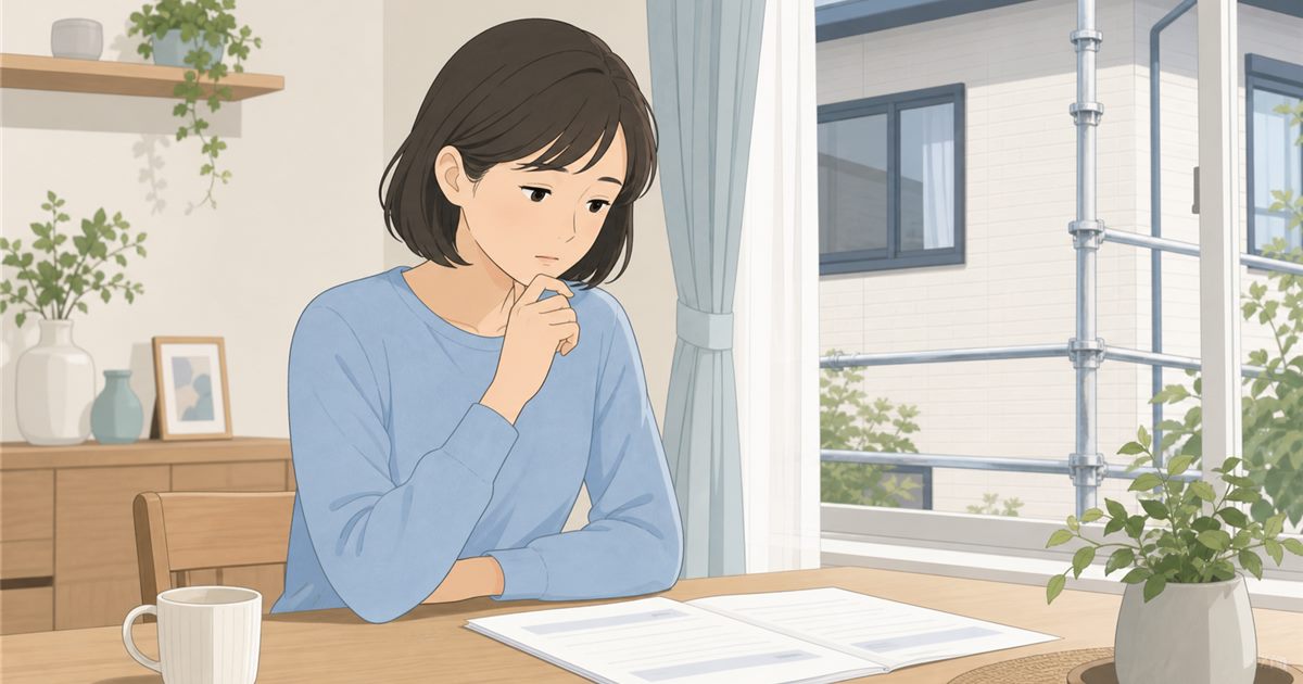 自宅のテーブルで外壁塗装の見積書を開き、考えこんでいる家主。窓の外に足場の組まれた住宅が見えている