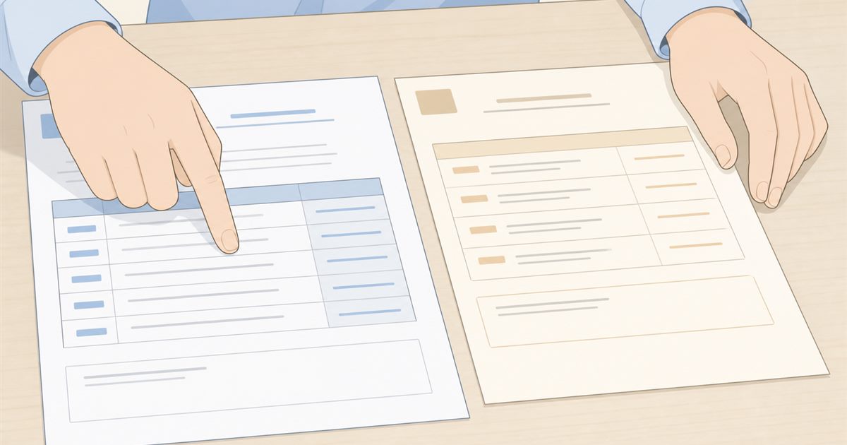 契約書と保証書を並べて、どの保証がいつまでかを確かめている人の手元